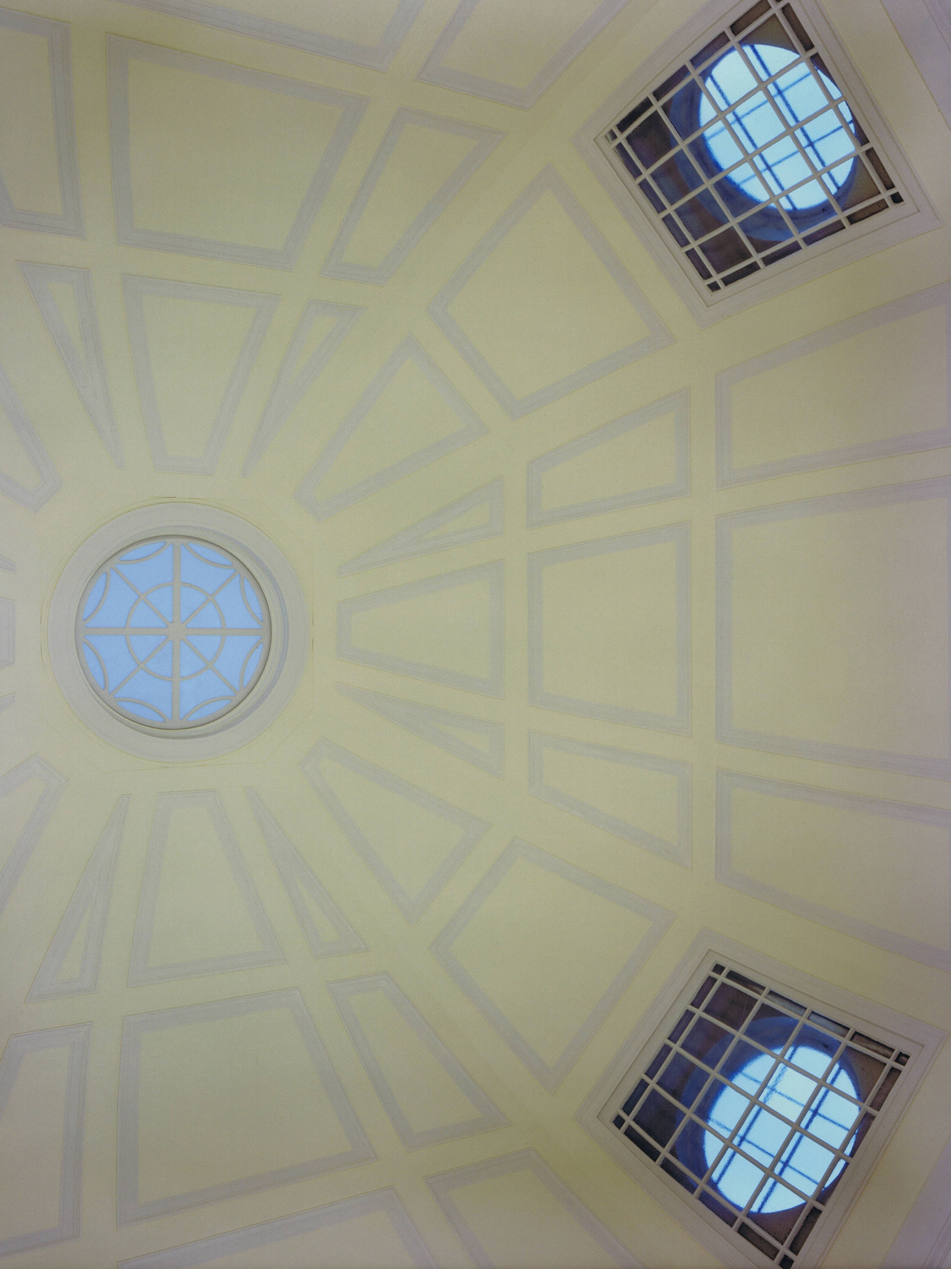 The ceiling of the Brooks Hall rotunda. The dome was closed off in 1956 with a dropped ceiling. This renovation restored the dome to it’s original beauty, allowing it to flood the rotunda with light.