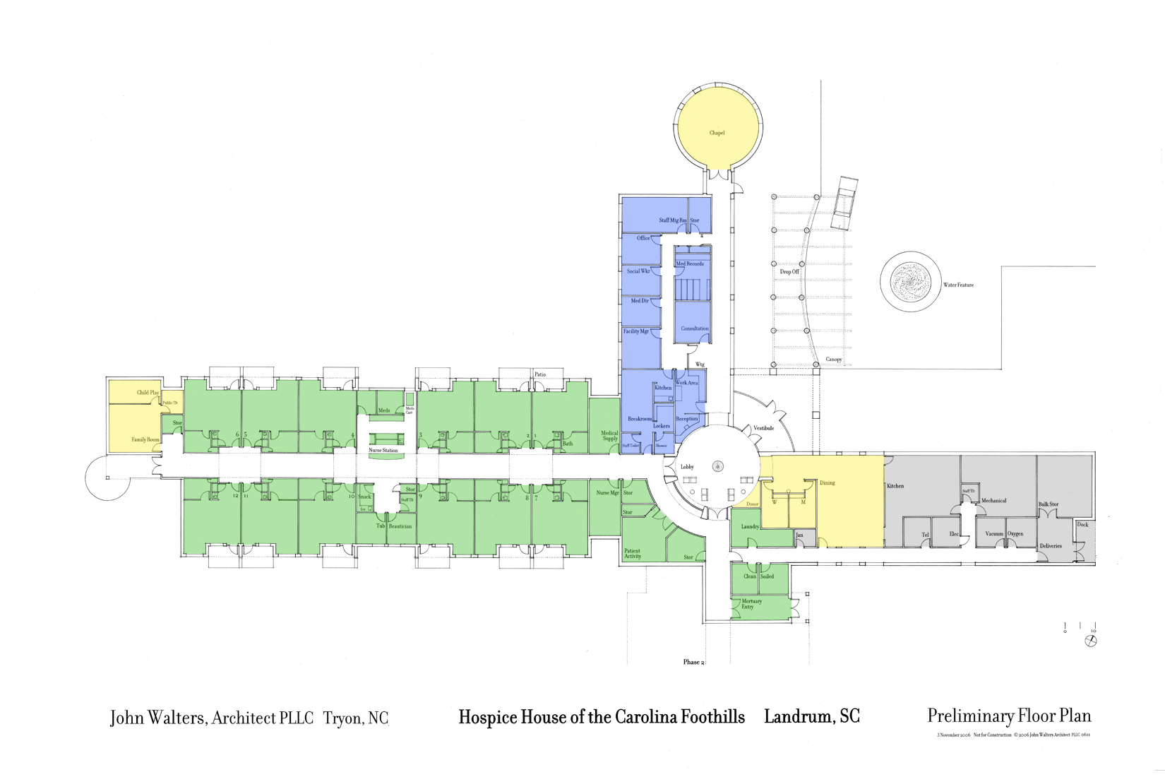 A floor plan of the Smith Phayer Hospice House showing the organization of the facility. Twelve resident rooms are in the southwest wing, administrative offices and a chapel in the northwest wing, and a dining room, kitchen, and various mechanical rooms in the northeast wing.